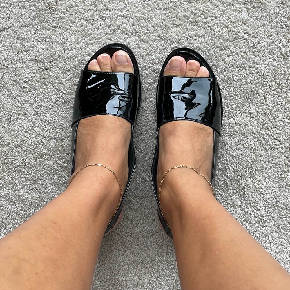 Black shiny sandals . Good condition. Barely worn.